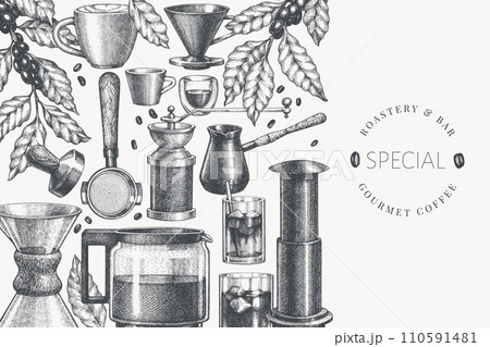 Alternative Coffee Makers Illustration. Vector Hand Drawn Specialty Coffee Equipment Banner. Vintage Style Coffee Bar Design 110591481