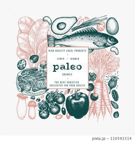 Paleo Diet Design Template. Vector Hand Drawn Healthy Food Banner. Vintage Style Menu Illustration. 110591514