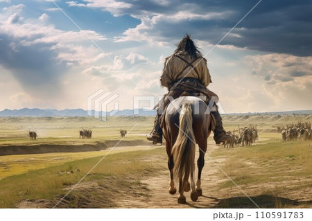 AI-generated content. Mongolian ancient person sunset. Rural culture. Generate Ai 110591783