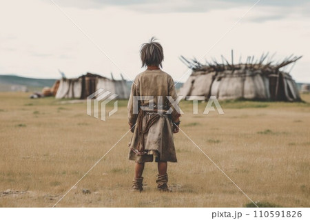 AI-generated content. Mongolian ancient child person. Nature man. Generate Ai 110591826