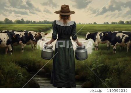 AI-generated content. Milkmaid person bucket cows. Farm cow summer. Generate Ai 110592053