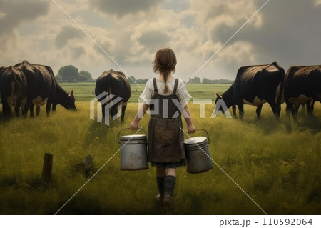 AI-generated content. Milkmaid girl bucket cows. Summer work. Generate Ai 110592064
