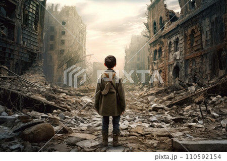 AI-generated content. Military kid at ruined city. War burning. Generate Ai 110592154