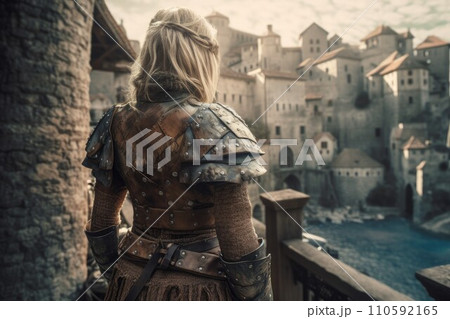AI-generated content. Medieval knight woman castle. Armor hero. Generate Ai 110592165