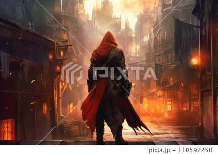 AI-generated content. Medieval knight fire city. Cyberpunk style. Generate Ai 110592250