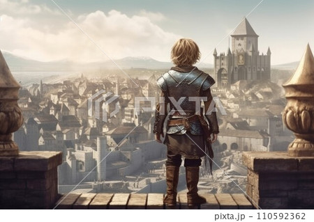 AI-generated content. Medieval knight city boy. Man brave. Generate Ai 110592362