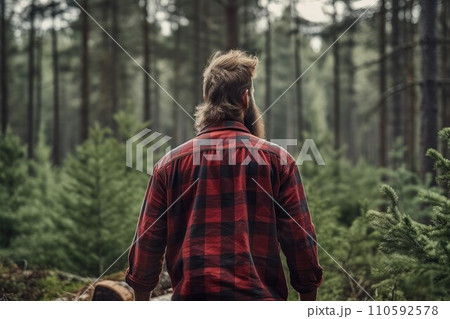 AI-generated content. Lumberjack man person forest. Male work. Generate Ai 110592578