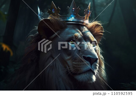 AI-generated content. Lion crown king closeup. Feline power. Generate Ai 110592595
