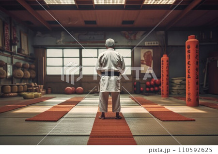 AI-generated content. Karateka senior man gym. Training exercise. Generate Ai 110592625