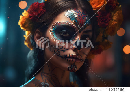 AI-generated content. cinematic photorealistic portrait of gorgeous woman sugar skull at day of the dead, neural network generated image 110592664