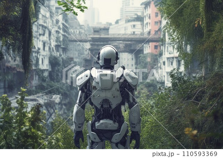 AI-generated content. Robot in abandoned city. Urban city scenery. Generate Ai 110593369