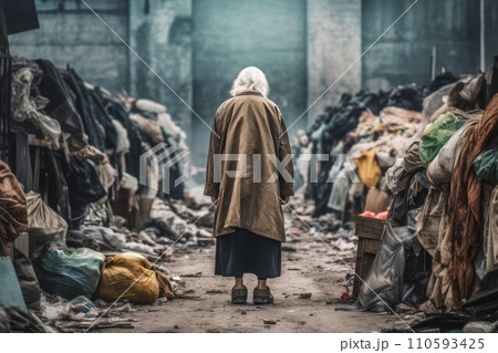 AI-generated content. Homeless senior woman garbage. Poverty cart. Generate AI AI-generated content. Homeless senior woman garbage. Poverty cart. Generate AI 110593425