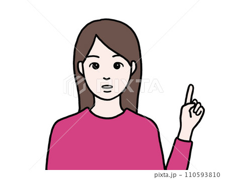 真顔で指差しするロングヘアの女性 110593810