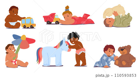 Babies Playing With Toys. Giggles Fill The Air As Chubby Hands Grasp Colorful Playthings. Innocent Eyes Sparkle With Joy 110593853