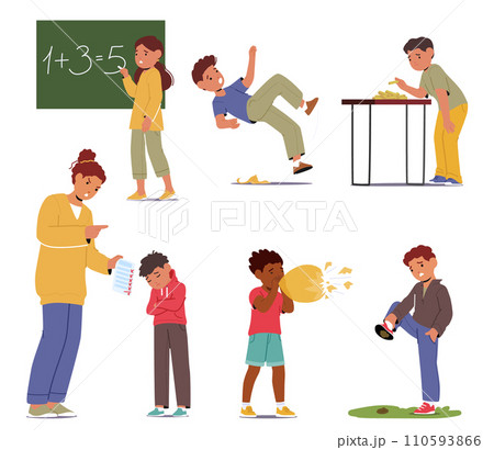 Children Experience Failures and Mistakes. Frustrated Kids Characters. Boy Step in Poop, Burst Balloon, Slip on Banana 110593866