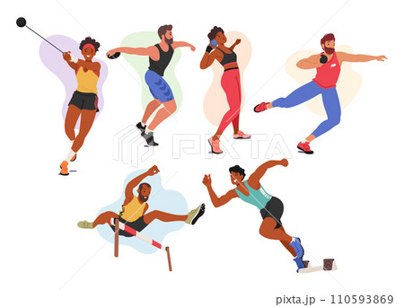 Athletes Male and Female Characters Set. Runner, Obstacle Jumper, Put Shot and Discus Throwing Sport Games Athletes Male and Female Characters Set. Runner, Obstacle Jumper, Put Shot and Discus Throwing Sport Games 110593869