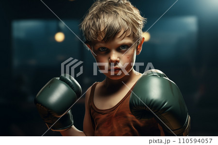 Boy in boxing gloves in the ring or gym. Boxer training, Sport, and Healthy lifestyle Concept. Generative Ai. 110594057