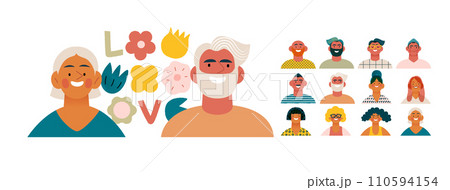 Valentine: Spectrum of Love - modern flat vector concept illustration of a vibrant array of individual portraits celebrating love's diverse expressions. Metaphor for the universal language of love 110594154