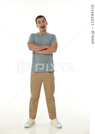 surprised guy looking at camera on white studio background surprised guy looking at camera on white studio background 110594316
