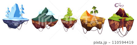 Flying ground platforms. Cartoon floating ground with rocks and stones, sprite collection for video game and cartoon platformer. Vector texture 110594419