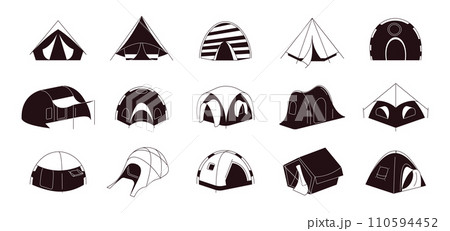 Tent black icons. Camping and festival open air tents, inflatable outdoor structures, pavilion for party, holiday accommodation. Vector isolated set 110594452