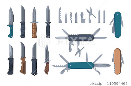 Knives and multitools. Army pliers with rubber grip survival kit, cartoon worker tool for opening bottles, screwing, cutting, trimming. Vector set 110594463