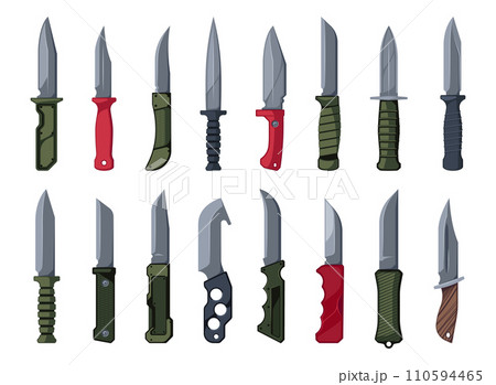 Survival knives. Cartoon hunting blade tools for camping and hiking, self defense combat utility equipment, wilderness picnic sawing. Vector flat set Survival knives. Cartoon hunting blade tools for camping and hiking, self defense combat utility equipment, wilderness picnic sawing. Vector flat set 110594465