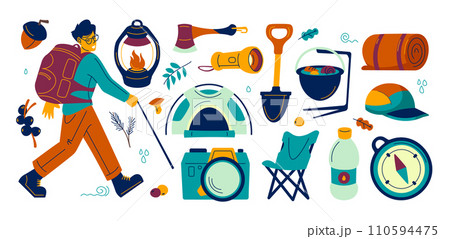Hiking and camping equipment. Cartoon mountain trekking and campfire picnic tools, outdoor vacation and survival accessories. Vector flat illustration Hiking and camping equipment. Cartoon mountain trekking and campfire picnic tools, outdoor vacation and survival accessories. Vector flat illustration 110594475