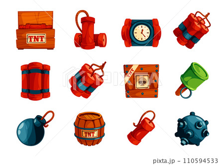 Cartoon game dynamite. Firecracker sticks and military explosive devices, timer bomb and grenade icons. Vector isolated set Cartoon game dynamite. Firecracker sticks and military explosive devices, timer bomb and grenade icons. Vector isolated set 110594533