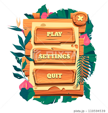 Game wooden menu. Old wooden frame buttons, cartoon tribal signboard UI elements, rural banner for game user interface. Vector isolated illustration 110594539