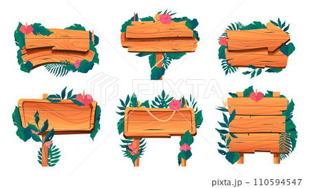 Wooden banners with plants. Exotic floral directional signs, nature decorative frame with leaves and flowers. Vector isolated set Wooden banners with plants. Exotic floral directional signs, nature decorative frame with leaves and flowers. Vector isolated set 110594547