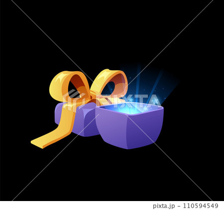Open gift box with escaping glow, 3D realistic vector illustration isolated. 110594549