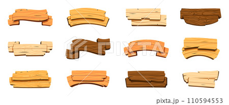 Cartoon wooden banners. Blank hardwood signboard frames, retro game sign asset design, rustic wood placards for advertising. Vector isolated set Cartoon wooden banners. Blank hardwood signboard frames, retro game sign asset design, rustic wood placards for advertising. Vector isolated set 110594553