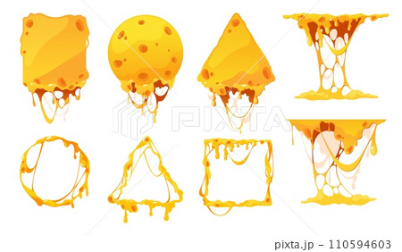 Melted cheese frames. Cartoon melting cheddar slices for fondue, dripping mozzarella for sauce or pasta, tasty dairy product. Vector isolated set 110594603