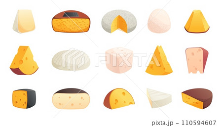 Cartoon different cheese. Cheese slices and blocks flat style, dairy products french cheddar brie emmental smoked cheese. Vector isolated set 110594607