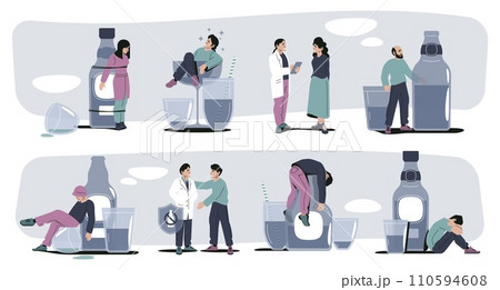 Alcohol abuse people. Cartoon drunk man and woman, alcohol addiction and alcoholism scene with sad drunk people. Vector illustration 110594608
