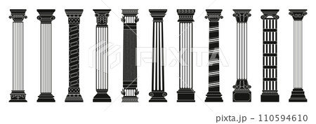 Black antique columns. Ancient roman doric columns with carved decorative elements, old greek architecture construction parts, mediterranean classic. Vector isolated set Black antique columns. Ancient roman doric columns with carved decorative elements, old greek architecture construction parts, mediterranean classic. Vector isolated set 110594610