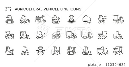Agriculture vehicle line icons. Farm transport equipment, agriculture machinery icons, farming equipment transport pictograms. Vector isolated collection 110594623