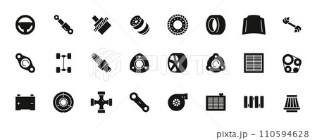 Black car details icons. Outline automotive parts and components, car engine and transmission. Vector auto spare parts flat collection 110594628