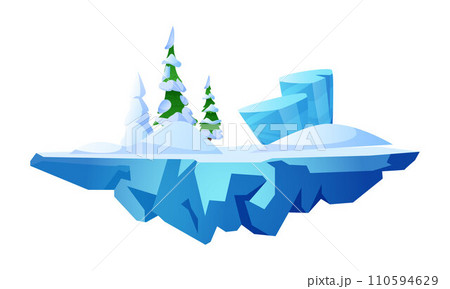 Level platform, frozen forest ice land island floating, vector fantasy game rock stage with fir-trees and snowdrifts 110594629