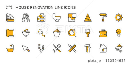 House maintanance repair icons. Wall repair and remodeling, wall painting and plastering tools and equipment. Vector house renovation set House maintanance repair icons. Wall repair and remodeling, wall painting and plastering tools and equipment. Vector house renovation set 110594633
