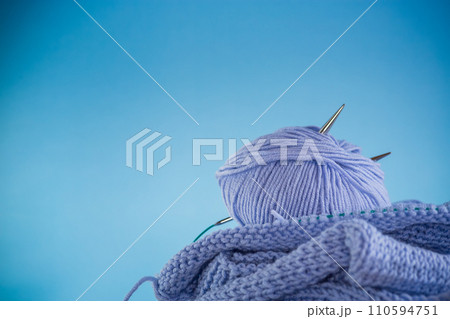 Set for hand knitting, blue yarn, knitting needles. Set for hand knitting, blue yarn, knitting needles. 110594751