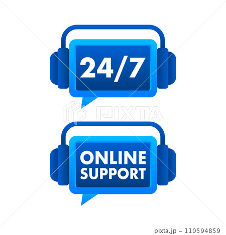 24 7 and Online Support icons with headphones, showcasing round-the-clock customer service and internet assistance for businesses and web services 110594859