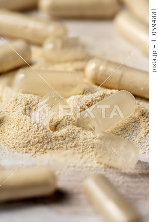 Heap of capsules, collagen, vitamins, pain killers, food supplements pills. 110594881