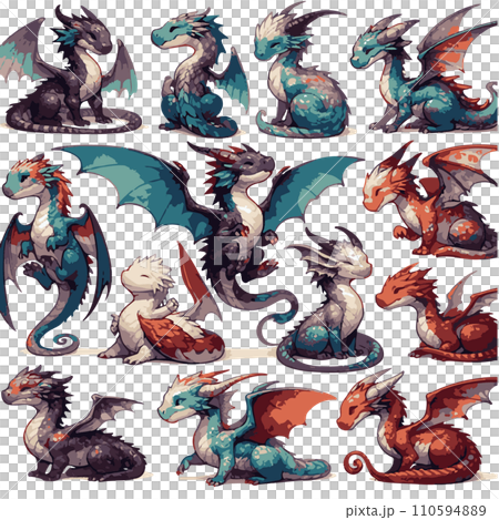 Multiple dragon illustrations, ancient dragons, cute dragon illustrations 110594889