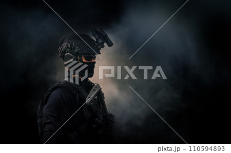 armed swat special forces army soldiers in combat camouflage uniform standing in brake building. Firearm shooting and tactical training in game armed swat special forces army soldiers in combat camouflage uniform standing in brake building. Firearm shooting and tactical training in game 110594893