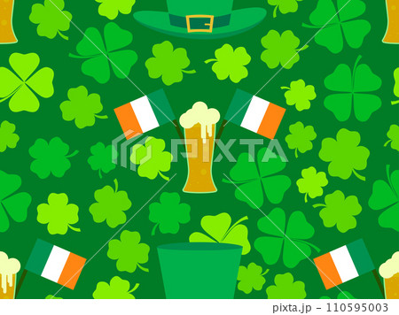 Seamless pattern with Irish flag, clover leaves, leprechaun hat and glasses of beer for St. Patrick's Day. Symbols of the Irish holiday. Festive wallpaper, banner and cover design. Vector illustration Seamless pattern with Irish flag, clover leaves, leprechaun hat and glasses of beer for St. Patrick's Day. Symbols of the Irish holiday. Festive wallpaper, banner and cover design. Vector illustration 110595003