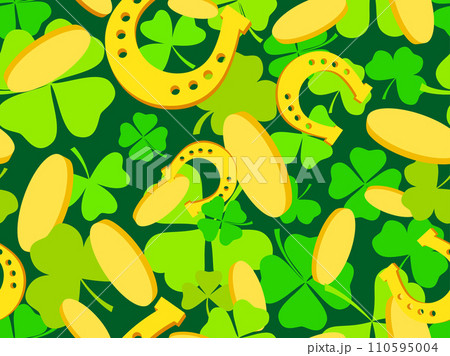 Seamless pattern with gold coins, horseshoes and green clover leaves for St. Patrick's Day. Irish holiday symbols, horseshoe for good luck. Design for wallpaper, banner and cover. Vector illustration 110595004