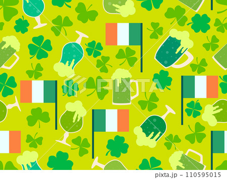 Seamless pattern with clover leaves, Irish flag and glasses of beer for St. Patrick's Day. Glasses of green beer of different shapes. Design for wallpaper, banner and cover. Vector illustration 110595015