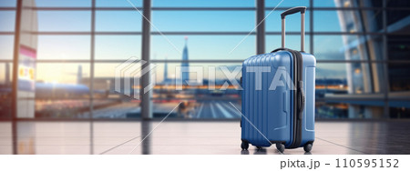 One blue luggage by the big window in an airport terminal  110595152